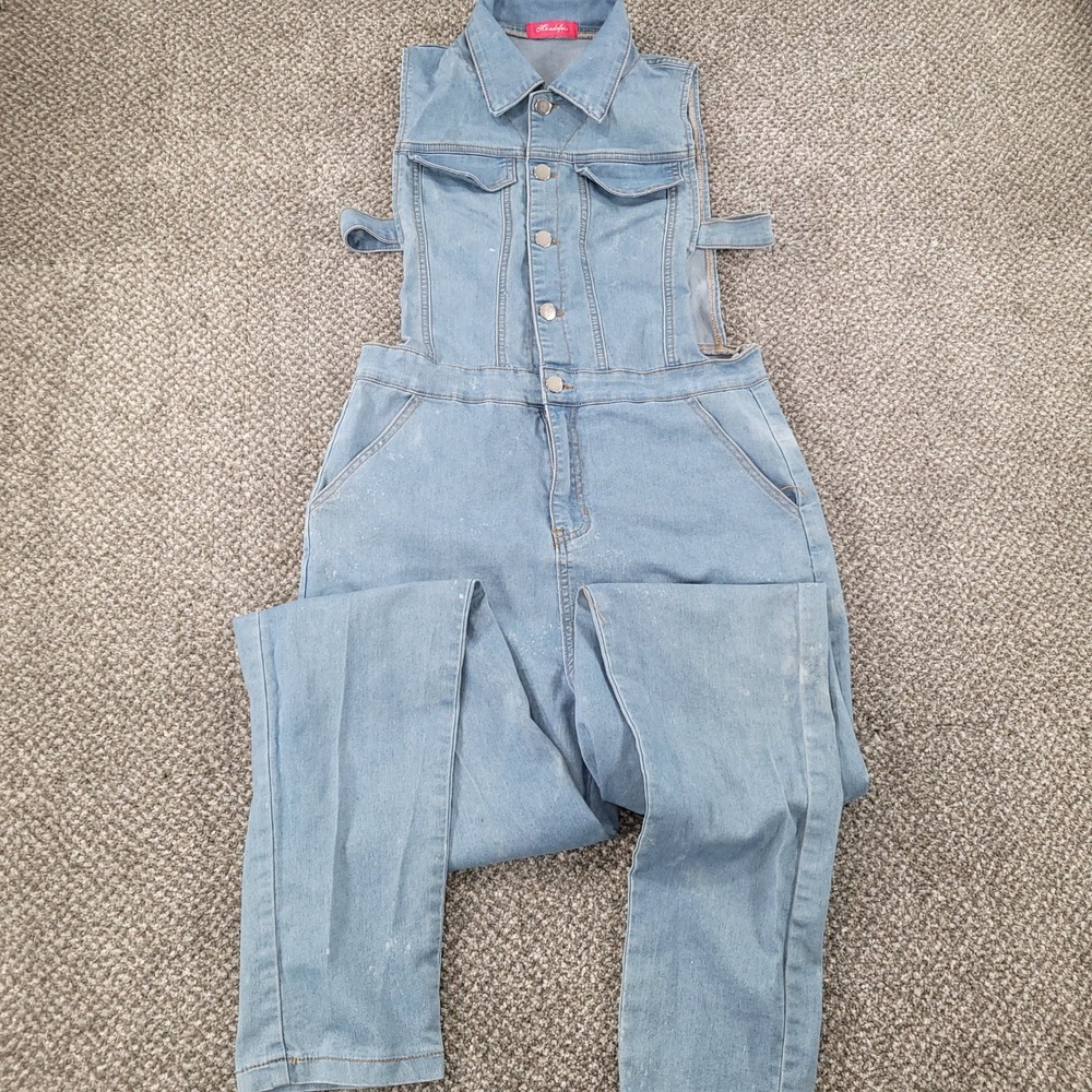 Mundefeis Light‎ Wash Denim Jumpsuit Sleeveless Button Front Cut Out Blue Size L